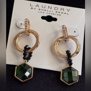 Laundry By Shelli Segal Gold Earrings with Green Hexagon and Black Beads 2 inch